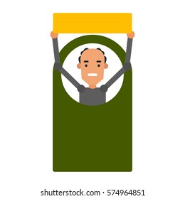 Cartoon icon man. Vector illustration young guy with a sign in flat style and blank space for inscription.