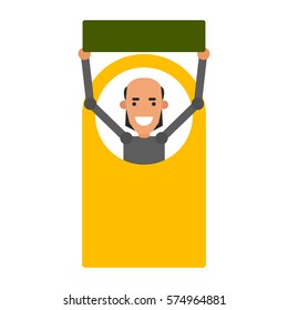 Cartoon icon man. Vector illustration young guy with a sign in flat style and blank space for inscription.