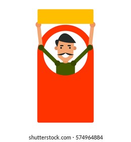 Cartoon icon man. Vector illustration young guy with a sign in flat style and blank space for inscription.
