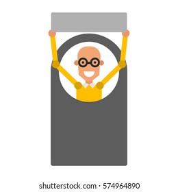 Cartoon icon man. Vector illustration young guy with a sign in flat style and blank space for inscription.