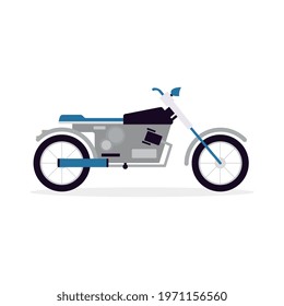 Cartoon icon of modern chrome motorcycle or motorbike flat vector illustration isolated on white background. City urban roads motor transport sign or symbol.