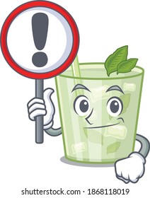 A cartoon icon of mojito lemon cocktail with a exclamation sign board