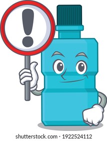 A cartoon icon of mouthwash with a exclamation sign board. Vector illustration