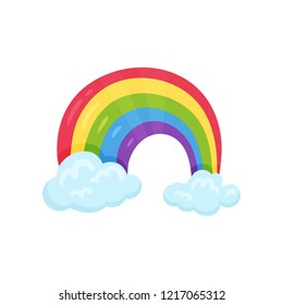 Cartoon icon of multicolored rainbow with two blue clouds Flat vector element for children room decor or greeting card