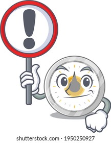 A cartoon icon of old kitchen timer with a exclamation sign board. Vector illustration