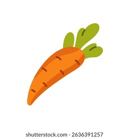 Cartoon icon of orange carrot with green leaves. Root vegetable for healthy eating. Organic food, farm harvest, agriculture crop for cooking. Flat isolated vector illustration on white background