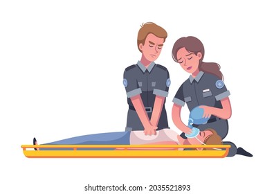 Cartoon Icon With Paramedic Putting Oxygen Mask On Injured Woman Face Vector Illustration