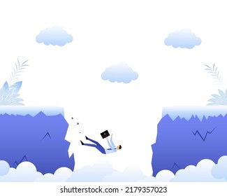Cartoon icon with people chasm. Man falling down. Team concept.