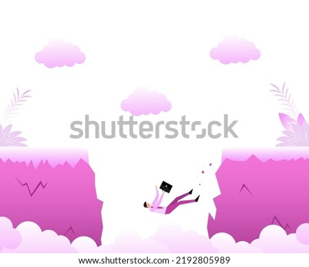 Cartoon icon with people chasm. Man falling down. Team concept.