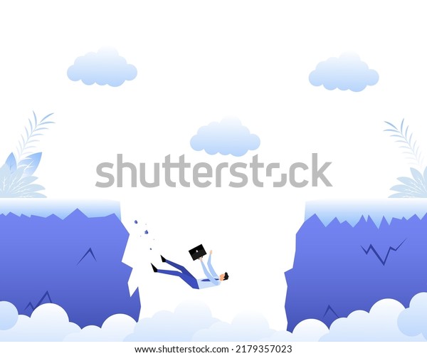 Cartoon icon with people chasm. Man falling\
down. Team concept.