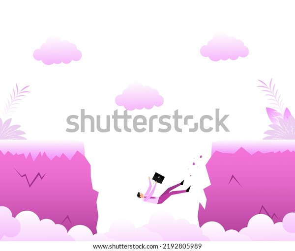 Cartoon icon with people chasm. Man falling\
down. Team concept.