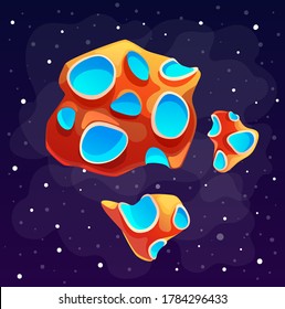 Cartoon icon of pieces of asteroid flying among stars. Colorful space planet elements at space background. Galaxy or cosmos theme. Icon of mobile, computer game, pieces of stones with craters