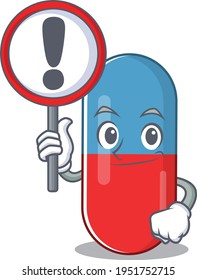 A cartoon icon of pills drug with a exclamation sign board. Vector illustration