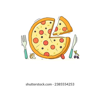 Cartoon icon - pizza. Delivery concept. Cartoon illustration with margarita pizza. Doodle food isolated on white background. Fast food concept