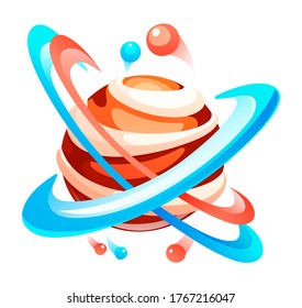Cartoon icon of planet with circles of orbit. Cute unknown planet element. Colorful space planet isolated at white background. Galaxy or cosmos theme. Icon of mobile, computer game, mystical planet