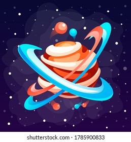 Cartoon icon of planet with circles of orbit. Cute unknown planet element. Colorful space planet isolated at space background. Galaxy or cosmos theme. Icon of mobile, computer game, mystical planet