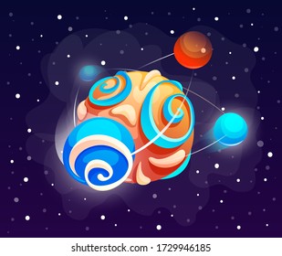 Cartoon icon of planet with colorful balls. Cute unknown planet element. Colorful space planet isolated at space background. Galaxy or cosmos theme. Icon of mobile, computer game, mystical planet