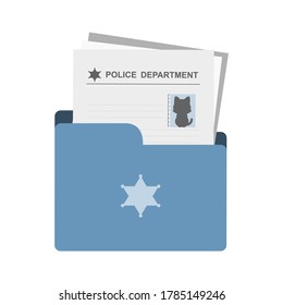 Cartoon Icon Of The Police Department Case File Documentation With Cat Suspect, Vector Illustration