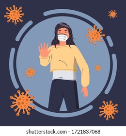 Cartoon icon, portrait of brunette woman in face medical mask isolated in circle, flying virus pathogen around. Girl show stop gesture to virus spreading. Cartoon character in flat vector style