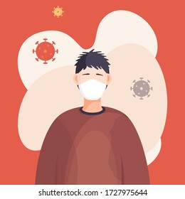 Cartoon icon, portrait of young man in respiratory mask with flying virus pathogen around. Stop virus spreading concept. Web poster or banner in vector style with cartoon character. Viral epidemic