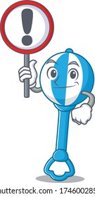 A cartoon icon of rattle toy with a exclamation sign board