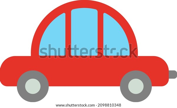 Cartoon icon of red city car for kids design. Small\
rounded scarlet automobile with large blue windows. Cute childish\
clip art vehicle. Cheerful vector flat illustration of transport\
for baby boys.
