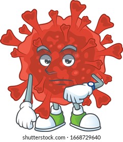 A cartoon icon of red corona virus with waiting gesture