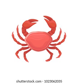 Cartoon icon with red crab. Healthy eating. Marine product. Design for restaurant menu, logo, promo poster, flyer or product packaging. Flat vector icon