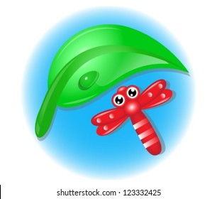 cartoon icon with a red dragonfly and a green leaf with a drop