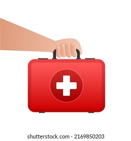 Cartoon icon with red first aid on white background for medical design. Flat vector illustration