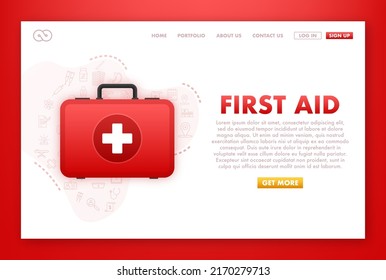Cartoon icon with red first aid on white background for medical design. Flat vector illustration