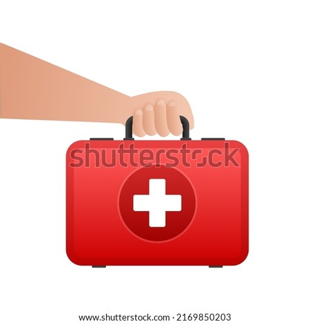 Cartoon icon with red first aid on white background for medical design. Flat vector illustration