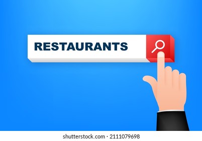 Cartoon icon with restaurants search. Flat infographic. Location pin sign. Mobile page.