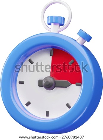 A cartoon icon of a round 3D stopwatch, blue, with a highlighted red sector. Suitable for sports, workflow monitoring, and marketing campaigns. Planning and time management. Vector.
