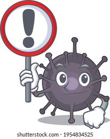 A cartoon icon of salmonella with a exclamation sign board. Vector illustration