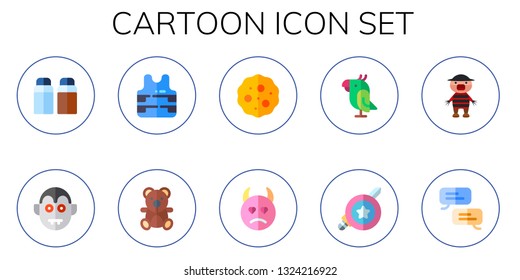 cartoon icon set. 10 flat cartoon icons.  Simple modern icons about  - salt and pepper, dracula, police vest, teddy bear, cookies, demon, parrot, superhero, characters, speech bubble