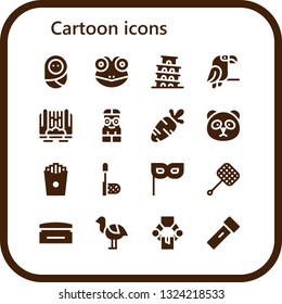 cartoon icon set. 16 filled cartoon icons.  Collection Of - Baby, Frog, Pisa, Parrot, Waterfall, Nerd, Carrot, Panda, French fries, Net, Mask, Cream, Ostrich, Manipulator, Lantern