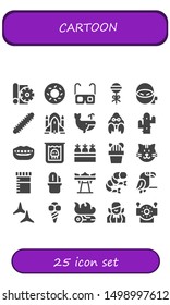 cartoon icon set. 25 filled cartoon icons.  Simple modern icons about  - Sketch, Bagel, Glasses, Lollipop, Ninja, Centipede, Rocket ship, Whale, Hermit crab, Cactus, Smile, Creature
