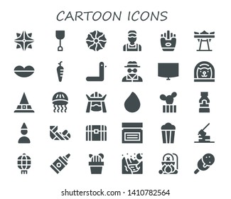cartoon icon set. 30 filled cartoon icons.  Simple modern icons about  - Makibishi, Shovel, Cookie, Clerk, Fries, Giant swing, Lips, Carrot, Duck, Invisible man, Night stand, Cat
