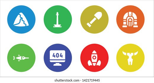 cartoon icon set. 8 filled cartoon icons.  Simple modern icons about  - Samosa, Swordfish, Monas, 404 error, Shovel, Rocket launch, Jukebox, Skull