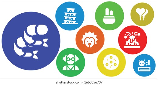 cartoon icon set. 9 filled cartoon icons. Included Shrimp, Pisa, Cactus, Mad scientist, Cookie, Hedgehog, Volcano, Balloons, Meow icons