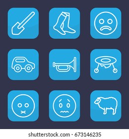 Cartoon icon. set of 9 outline cartoon icons such as sheep, baby toy, toy car, socks, shovel, sad emot, sad smiley