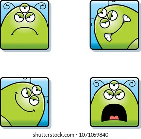 A cartoon icon set of an alien with angry expressions.