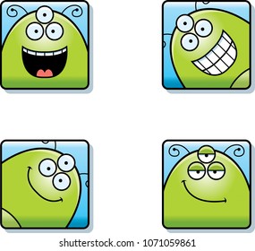 A cartoon icon set of an alien with happy expressions.