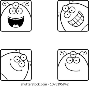 A cartoon icon set of an alien with happy expressions.