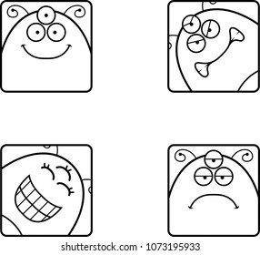 A cartoon icon set of an alien with a mix of expressions.