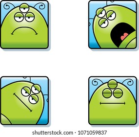 A cartoon icon set of an alien with sad and calm expressions.