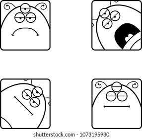 A cartoon icon set of an alien with sad and calm expressions.