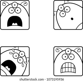 A cartoon icon set of an alien with scared expressions.