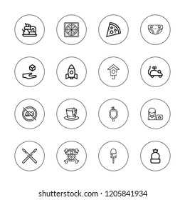 Cartoon icon set. collection of 16 outline cartoon icons with bird house, cactus, diaper, hacker, drumstick, ice cream, levitation, mouse toy, pizza, rats, skull icons.